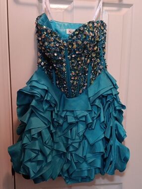 2010's Purchase Teal Beaded Ruffle Prom Dress